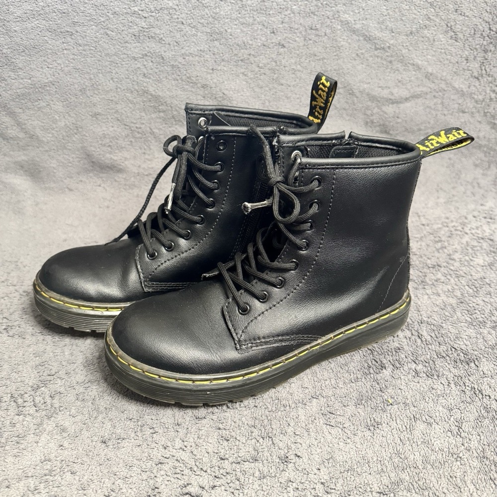 Dr. Martens Kids Zavala J AW004 Combat Boots Black Leather Lace Up Zip Sz 3 READ